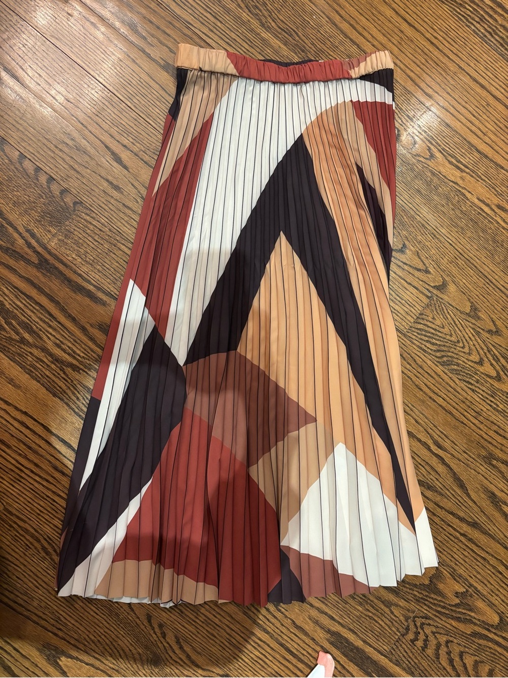 BA&SH Pleated Geometric Midi Skirt in Rust & Tan